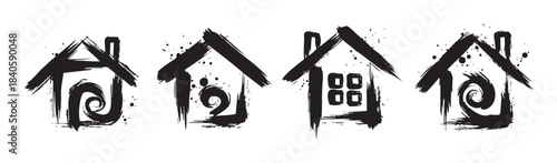 Four stylized house icons rendered with expressive brush strokes and grunge textures, representing home, shelter, and property concepts.