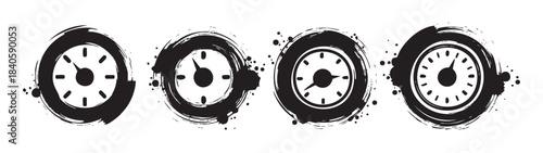 Four grunge style clocks with brush stroke texture and ink splatters, symbolizing time management, deadlines, and the passage of moments.