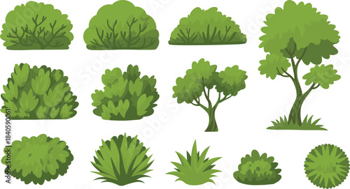 Stylized bush and tree illustration set, diverse foliage shapes, cartoon garden elements, green nature icons, vector landscape graphics