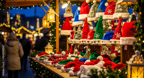 Display of festive Santa hats in various colors, showcasing winter holiday cheer, celebration, and gift selection during a Christmas market event