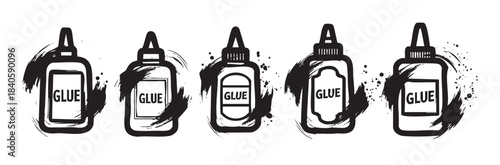Five different stylized glue bottles with grunge brush strokes and ink splatters, representing various adhesive containers in a bold graphic style.