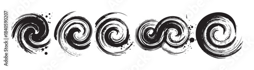 Abstract grunge spirals brushstroke collection features artistic hand-drawn black ink swirls with textured details, perfect for creative design elements and modern graphic projects.