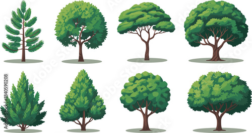 Stylized tree illustration set, diverse canopy and trunk designs, cartoon forest elements, vector botanical graphics, nature icons
