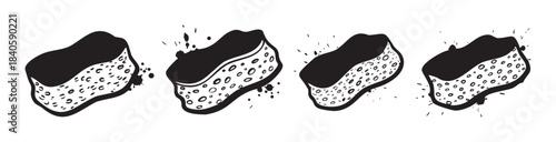 Four black and white cleaning sponges are depicted in a graphic, hand-drawn style, perfect for illustrating household chores and hygiene.