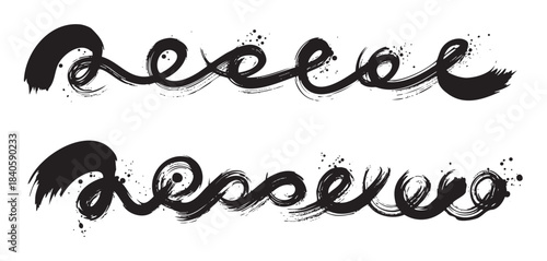 Abstract calligraphic brush strokes create a dynamic and artistic decorative element with a textured ink splatter effect, perfect for graphic design projects.