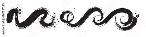 Black brushstroke waves with artistic splatters creating a dynamic and expressive grunge design element, ideal for creative projects and graphic design.