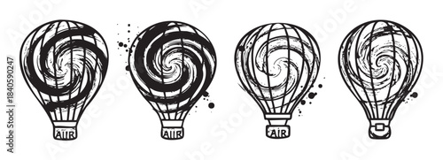 Four hot air balloons are artistically illustrated with a dynamic swirling pattern and a textured grunge style, evoking a sense of flight and adventure.