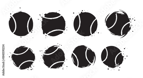 Eight grunge tennis balls with artistic splatter effects showcasing a dynamic and distressed graphic design for sports-themed projects.
