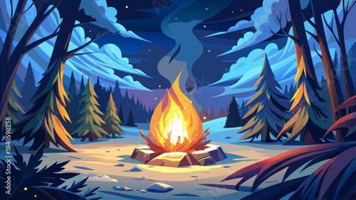 Very beautiful glowing campfire burning among snowy ground, with warm sparks rising against a dark backdrop, blending cozy light with the stillness of winter.