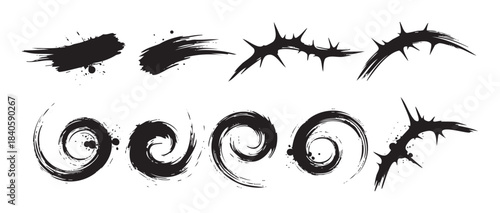 Collection of dynamic black ink brush strokes and abstract shapes including grunge smears, sharp thorns, and expressive swirls, perfect for artistic design elements.