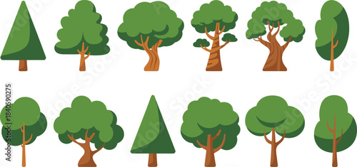 Stylized tree illustration set, diverse foliage and trunk designs, coniferous and broadleaf types, vector botanical graphics, nature icons