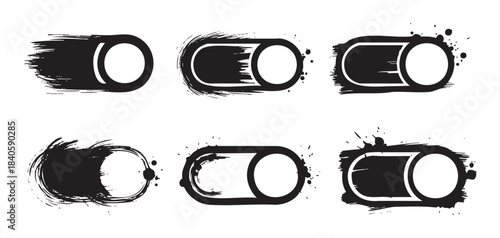 Grunge toggle switch icons with brush stroke and ink splatter effects offer a dynamic and artistic design element for various digital and print applications.