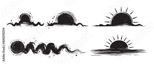 Grunge sun and waves brush stroke illustrations set with textured details, depicting various abstract sunrise and sunset scenes over water in a hand-drawn style.