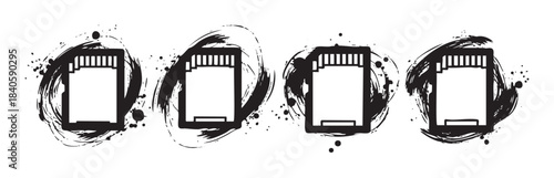 Four memory cards with a stylized grunge brushstroke effect are arranged horizontally, creating a dynamic and artistic digital storage concept illustration.