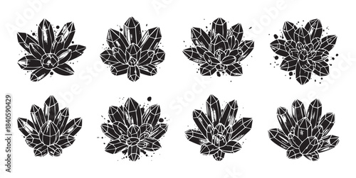 Crystal clusters hand drawn illustrations showcasing various mystical gemstone formations with a grunge texture and ink splatters, perfect for spiritual or decorative designs.