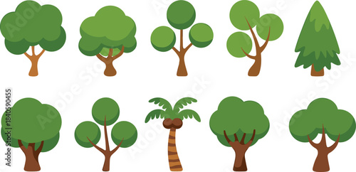 Stylized tree illustration set, diverse foliage and trunk shapes, cartoon forest elements, educational botanical graphics, vector nature icons