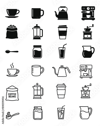 Coffee and tea vector illustration set hot drinks accessories collection outline and solid