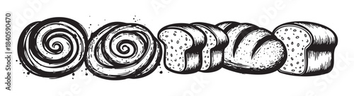 Various baked goods and fresh bread illustration featuring a collection of sweet pastries and savory loaves in a rustic hand-drawn sketch style.