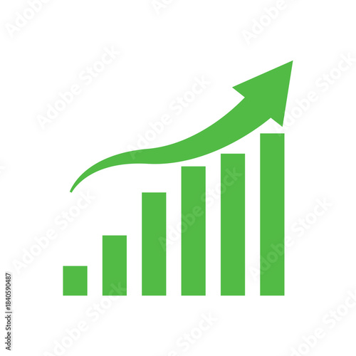 Graph going up sign with green arrows. Bar chart symbol icon with arrow moving up.