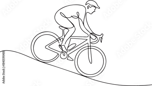Continuous Line Art Illustration of a Cyclist in Motion Descending a Hill in Natural Sketch Contour