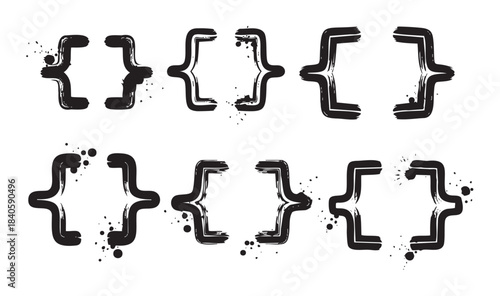 Curly braces set with artistic grunge brushstroke texture and ink splatters offers a versatile collection of typographic symbols for creative design projects.