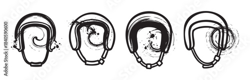 Four stylized boxing helmets with artistic brushstroke designs showcase a dynamic and grunge aesthetic, perfect for sports, combat, or abstract art themes.