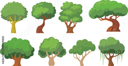 Stylized tree illustration set, diverse trunk and foliage designs, hanging vines and canopy shapes, vector botanical graphics for nature themes