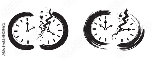 Two stylized clock faces are depicted breaking apart with jagged lines and scattered particles, symbolizing the concept of time disruption.
