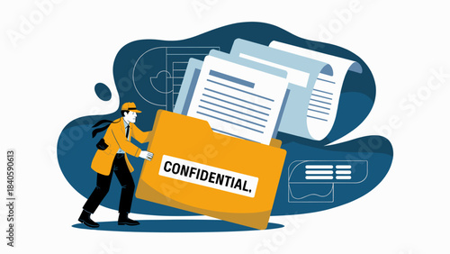 detective carrying a confidential file folder, vector illustration for data security, private investigation, and information protection