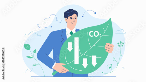 businessman holding a large leaf with a co2 reduction chart vector illustration