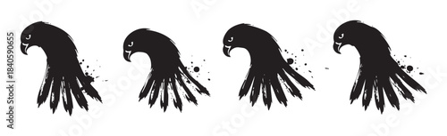 Black stylized eagle hawk bird silhouette illustration featuring a powerful, minimalist design with brushstroke textures and ink splatters, conveying strength and freedom.