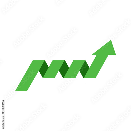 Graph going up sign with green arrows. Bar chart symbol icon with arrow moving up.