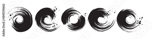 Black ink brushstroke swirl abstract shapes, textured and expressive, form a versatile graphic collection with a dynamic, hand-drawn aesthetic.
