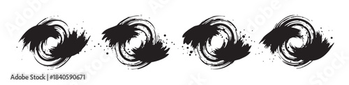 Abstract black ink brushstroke swirl patterns creating a dynamic and artistic graphic design element with textured details and expressive movement.