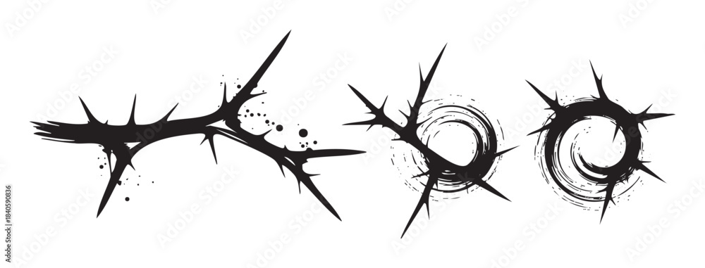 Fototapeta premium Stylized thorny branches and crown of thorns illustrations in a grunge style, featuring sharp spikes and distressed brush strokes for a dramatic and symbolic visual.