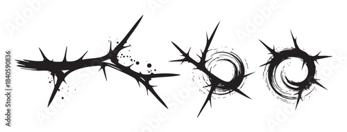 Stylized thorny branches and crown of thorns illustrations in a grunge style, featuring sharp spikes and distressed brush strokes for a dramatic and symbolic visual.
