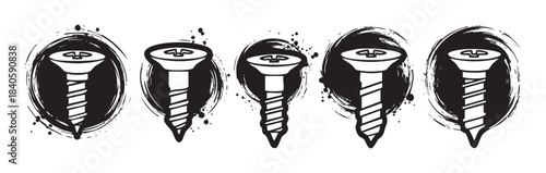 Five stylized screws with cross-head drives are depicted in a grunge, hand-drawn style, each enclosed within a distressed circular ink splash.