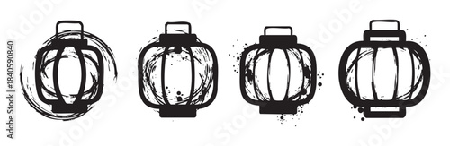 Four artistic Asian lanterns with traditional brush stroke style and grunge texture, perfect for cultural and festive design elements.