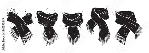 Various black scarves displayed in different stylish arrangements, showcasing a collection of fashionable winter accessories with a hand-drawn, graphic art style.