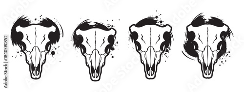 Four stylized animal skulls with grunge ink splash effect, presented in a monochrome artistic illustration style, evoking a raw and wild aesthetic.