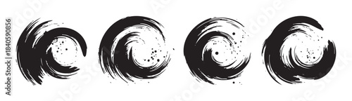 Abstract black ink brushstroke circles present a dynamic and expressive artistic design, featuring a textured, grunge aesthetic for creative projects.