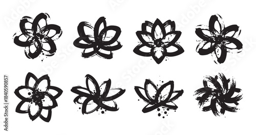 Ink brush stroke flowers collection features a variety of abstract floral designs with a grunge texture, perfect for artistic and decorative projects.