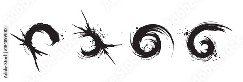 Abstract black ink brush strokes collection features dynamic swirl patterns and expressive splatter details, ideal for graphic design and artistic projects.
