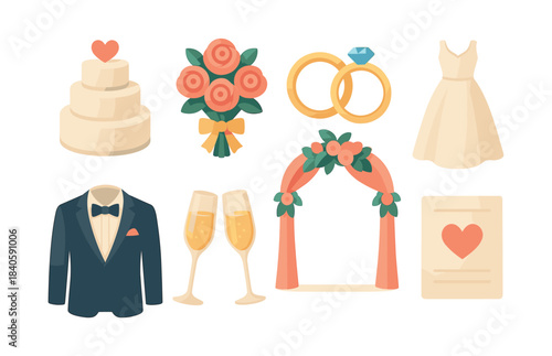 Wedding celebration elements, rings, cake, bouquet, flat vector illustration