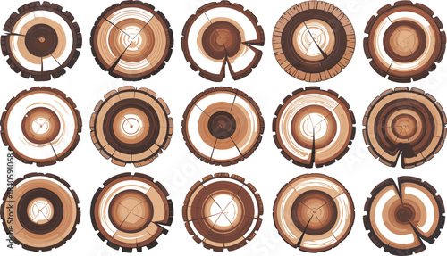 Tree trunk cross-section illustration set, diverse growth rings and bark textures, stylized dendrochronology graphics, vector forestry icons