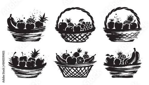 Six stylized fruit baskets and bowls filled with a variety of fresh produce, depicted in a rustic black and white silhouette illustration style.