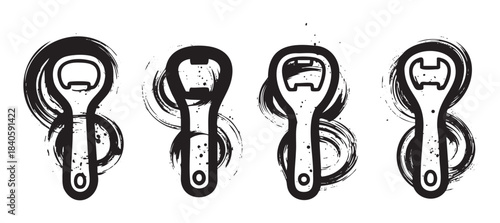 Four stylized bottle openers with a grunge texture and artistic brush strokes creating a rustic and vintage graphic design element.