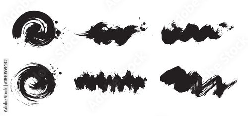 Black ink brush strokes and splatters create a dynamic collection of artistic elements suitable for various creative design projects and graphic compositions.