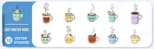 Adorable kawaii hot chocolate mugs with cute faces bring cozy winter warmth to any design project