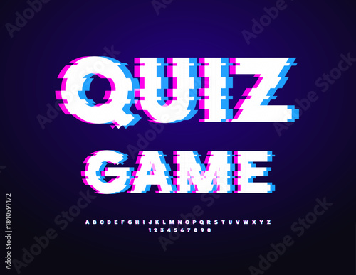 Vector Techno emblem Quiz Game. Distorted Bright Font. Glitching style Alphabet Letters and Numbers set